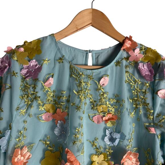 Mestiza Flora Blue 3D Floral Appliqué Flare Sleeve Cocktail Mini Dress Size M - Picture 4 of 16